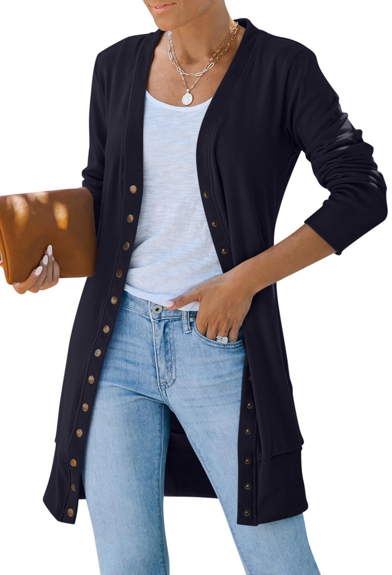 MEROKEETY Women's 2026 Spring Long Sleeve Cardigan Sweater Lightweight Snap Button Down Open Front Casual Outfit, Black, L - Image 1